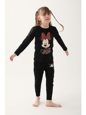 Minnie Mouse Siyah Kız Çocuk Uzun Kol Pijama Takım