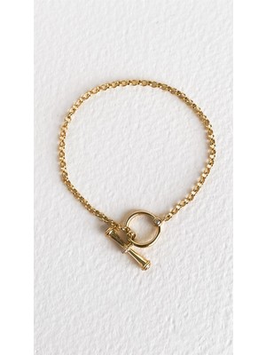 Taş Detaylı 18 Ayar Sarı Altın Kaplama 18 Cm Gümüş Zincir Bileklik