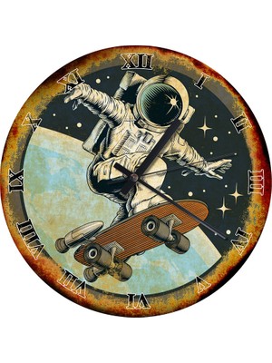 Karizma Tablo Roketli Kaykay ve Astronot Ahşap Duvar Saati