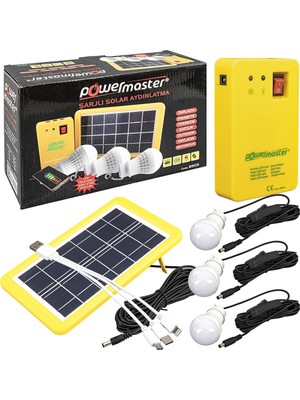 Powermaster PM-8905 Güneş Panelli 3 Lambalı Powerbank Özellikli Çok Amaçlı Şarjlı Solar Aydınlatma