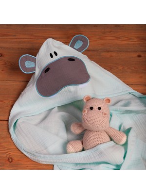 Becalm Online Hippo - Hipopotam Nakışlı Müslin %100 Organik Pamuk - Yazlık Deniz ve Havuz Kıyafeti - Bebek Yenidoğan Banyo Kurulama Kundak - Havlu - Kapuşonlu - Panço - Mint