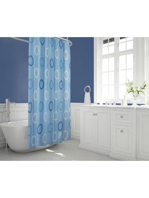 Tropik Home Banyo Perdesi Mavi Geometrik Desen Yerli Üretim Duş Perdesi C-Halka Hediye 180X200CM Banyo Perdeleri