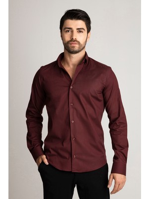 Alenmeza Erkek Bordo Pamuk Saten Kolay Ütülenebilir Casual Cepsiz Modern Fit Gömlek