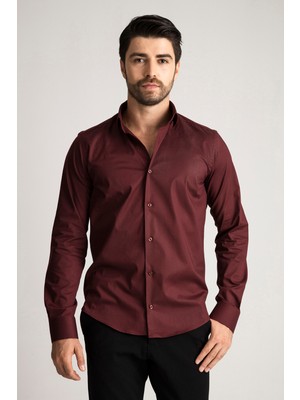 Alenmeza Erkek Bordo Pamuk Saten Kolay Ütülenebilir Casual Cepsiz Modern Fit Gömlek