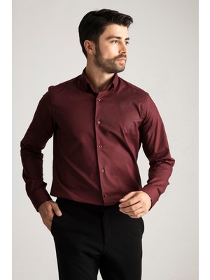 Alenmeza Erkek Bordo Pamuk Saten Kolay Ütülenebilir Casual Cepsiz Modern Fit Gömlek