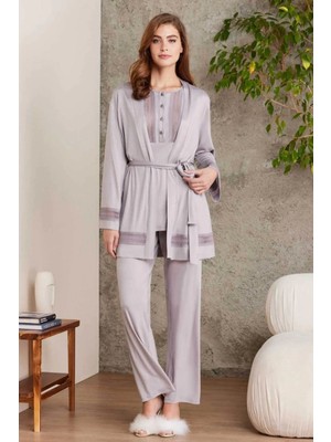 Pierre Cardin 2800 Kadın Penye Dantelli Sabahlıklı Pijama Takım-Royal