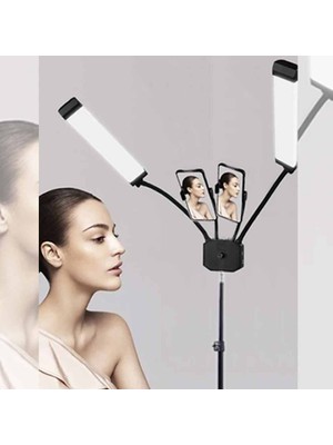 CoverZone Profesyonel Çift Kollu Tribün Işık 45W Makeup Klinik Ipek Kirpik Protez Tırnak Botoks Dolgu Estetisyen Stüdyo Video Işığı Çift Telefon Tutuculu 264CM M5X