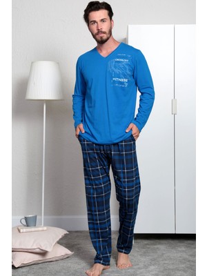 Gazzaz  Gazzaz Saks Mavi Erkek Uzun Kol Cepli V Yaka  Pijama Takım 3286