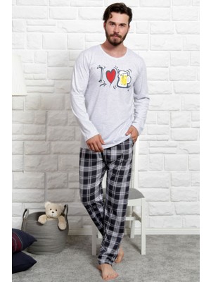 Gazzaz Gazaz Gri Melanj Erkek Cepli Uzun Kol Sıfır Yaka Suprem Penye Pijama Takım 3466