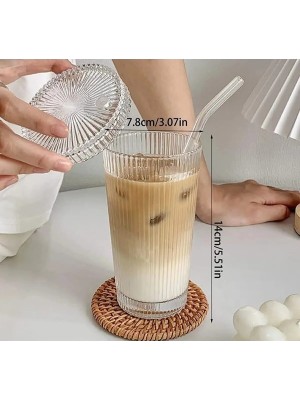 777home Şeritli Bardak Pipetli Plastik Kahve Bardağı Mika Bardak Cam Pipetli