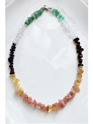 Bade Accessories Kehribar, Güneş Taşı, Sitrin, Lal, Kristal Kuvars, Aventurin Doğal Taş Kolye