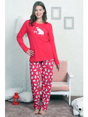 Good Look Kırmızı Kadın Bisiklet Yaka Uzun Kollu Iki Iplik Pamuklu Pijama Takım 3257