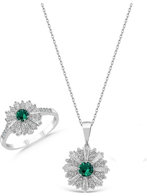 Molenga 925 Ayar Gümüş Baget Taşlı Kolye Yüzük Set