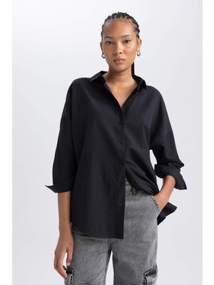 DeFacto Oversize Gömlek Yaka Poplin Uzun Kollu Tunik B0659AXNS
