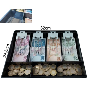 Metal Mandallı Çekmece Içi Para Düzenleyici 4 Banknot Bölmeli Para Çekmecesi Içi 32x24,5x3,5cm