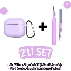 Airpods 3.nesil Uyumlu Lila Kılıf ve Lila 3'ü 1 Arada Kulaklık Temizleme Kalemi Seti
