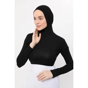 Uzun Kollu Boyunluklu Boneli Yarım Body - Siyah