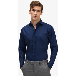 Erkek Lacivert Pamuk Saten Kolay Ütülenebilir Casual Cepsiz Modern Fit Gömlek