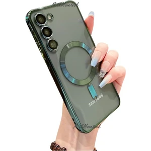 M.TK Moveteck Samsung Galaxy S23 Kılıf Kamera Lens Merceği Korumalı Magsafe Wirelles Şarj Destekli Parlak Renkli Kenar Arkası Şeffaf