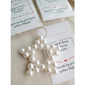 Emtory Home 100 Adet Beyaz Kişiye Özel Kartlı Krem Inci Yıldız Anahtarlık - Nikah Hatırası -Kına Hediyesi