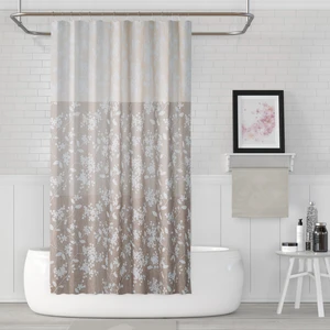 Tropik Home Duş Perdesi Çift Kanat 2X120X200CM Çiçekli Desenli Banyo Perdesi 16 Adet C Halka Hediyeli