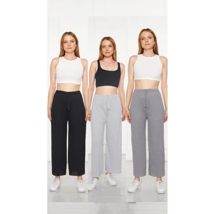 3'lü Siyah Kadın Fitilli Raporlu Pantolon & Eşofman, Gündelik Ev Giyim Pijama