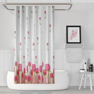Tropik Home Duş Perdesi Çift Kanat 2X120X200CM Pembe Gül Desenli Banyo Perdesi 16 Adet C Halka Hediyeli