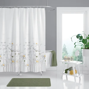 Tropik Home Duş Perdesi Çift Kanat 2X120X200CM Papatya Desenli Çiçekli Banyo Perdesi 16 Adet C Halka Hediyeli
