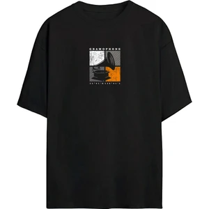 The Wert Unisex Gramophone Baskılı Siyah Oversize Tshirt