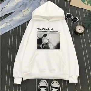 The Weeknd Baskılı Beyaz Kalın Kumaş Kapşonlu Sweatshirt