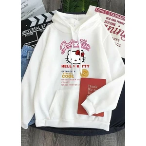 Hello Kitty Gods Wear Beyaz Kalın Kumaş Kapşonlu Sweatshirt