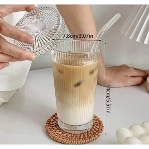 Şeritli Bardak Pipetli Plastik Kahve Bardağı Mika Bardak Cam Pipetli