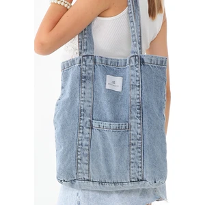 Açık Mavi Kot Kumaş Şeritli ve Cepli Bez Omuz & Kolçantası Kanvas Iş Spor Günlük Jean Model Yazlık