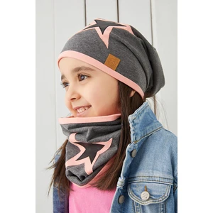 Pudra Gri Çocuk Bebek Bere Boyunluk Set Yumuşak %100 Pamuklu Penye Yıldız Seri