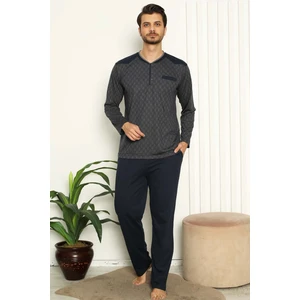 Erkek Füme O Yaka Patlı Düğmeli Uzun Kollu Cepli Büyük Beden Pijama Takımı EDY1179UKB-F