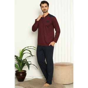 Erkek Bordo O Yaka Patlı Düğmeli Uzun Kollu Cepli Büyük Beden Pijama Takımı EDY1179UKB-B