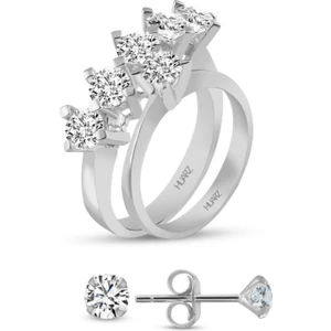 Kadın 925 Ayar Gümüş Tektaş Küpe Yüzük Beştaş Set