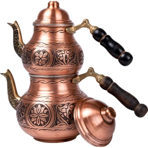 Dmt Copper Home Bakır Çaydanlık Takımı Ağır İşlemeli Ahşap Kulp Alt:12 cm Üst:9 cm 1,5 lt