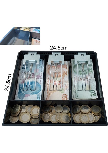 Plastik Çekmece Içi Para Düzenleyici 3 Banknot Bölmeli Para Çekmecesi Içi Siyah 24,5 x 24,5 x 3,5 cm