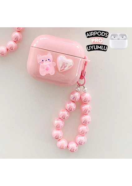 Airpods Pro Uyumlu Kedicik ve Pembe Kalpli Kulaklık Kılıfı, Darbeye Emici Inci Kopçalı Sevimli Premium Kılıf
