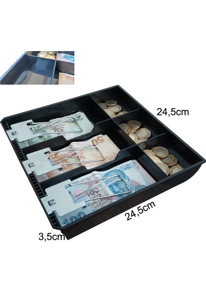 Plastik Çekmece Içi Para Düzenleyici 3 Banknot Bölmeli Para Çekmecesi Içi Siyah 24,5 x 24,5 x 3,5 cm