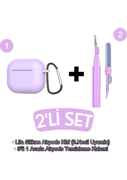 Airpods 3.nesil Uyumlu Lila Kılıf ve Lila 3'ü 1 Arada Kulaklık Temizleme Kalemi Seti