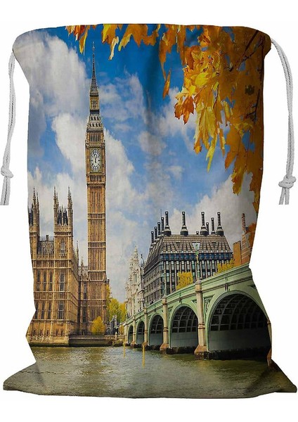 Big Ben Sonbahar Yaprakları ile Londra Ipli Çamaşır Sepeti 45X60 cm (Yurt Dışından)