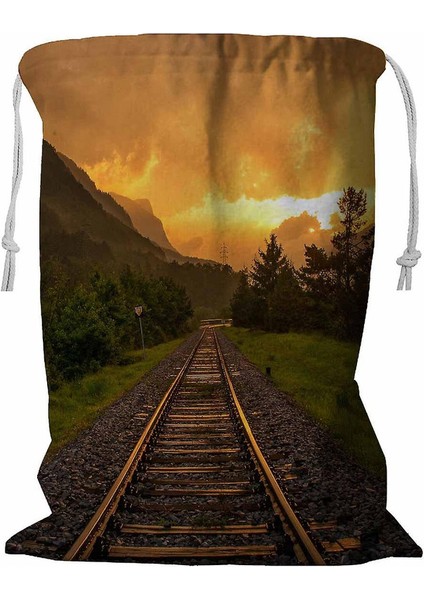 Evening Vivid Sunset Railroad Tracks Ipli Çamaşır Sepeti 45X60 cm (Yurt Dışından)