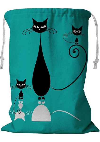 Siyah Kedi Çamaşır Sepeti Kordonlu 45X60 cm (Yurt Dışından)