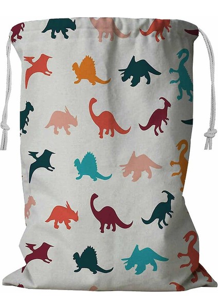 Karikatür Renkli Farklı Dinozor Siluetli Ipli Çamaşır Sepeti 45X60 cm (Yurt Dışından)
