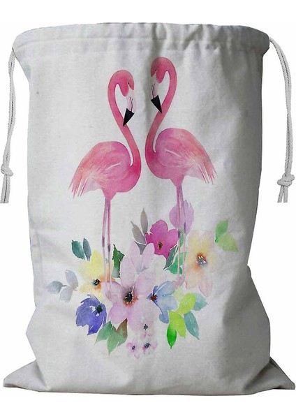 Çift Pembe Flamingolar ve Buket Çiçekler Ipli Çamaşır Sepeti 45X60 cm (Yurt Dışından)