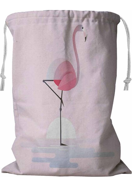 Modern Pembe Flamingo Kuş Göl Suları Gün Doğumu Ipli Çamaşır Sepeti 45X60 cm (Yurt Dışından)