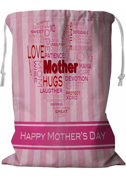 Happy Mothers Day Word Cloud Kalp Şekli Pembe Çizgili Çamaşır Sepeti Ipli 45X60 cm (Yurt Dışından)