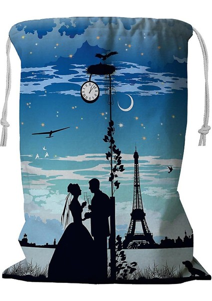 Eyfel Kulesi Üzerinde Gelin ve Damat Ipli Çamaşır Sepeti 45X60 cm (Yurt Dışından)